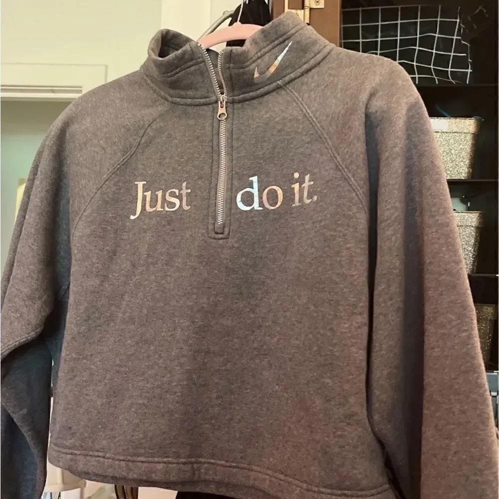 Nike just do it shine funnel neck cropped grey & metallic silver check